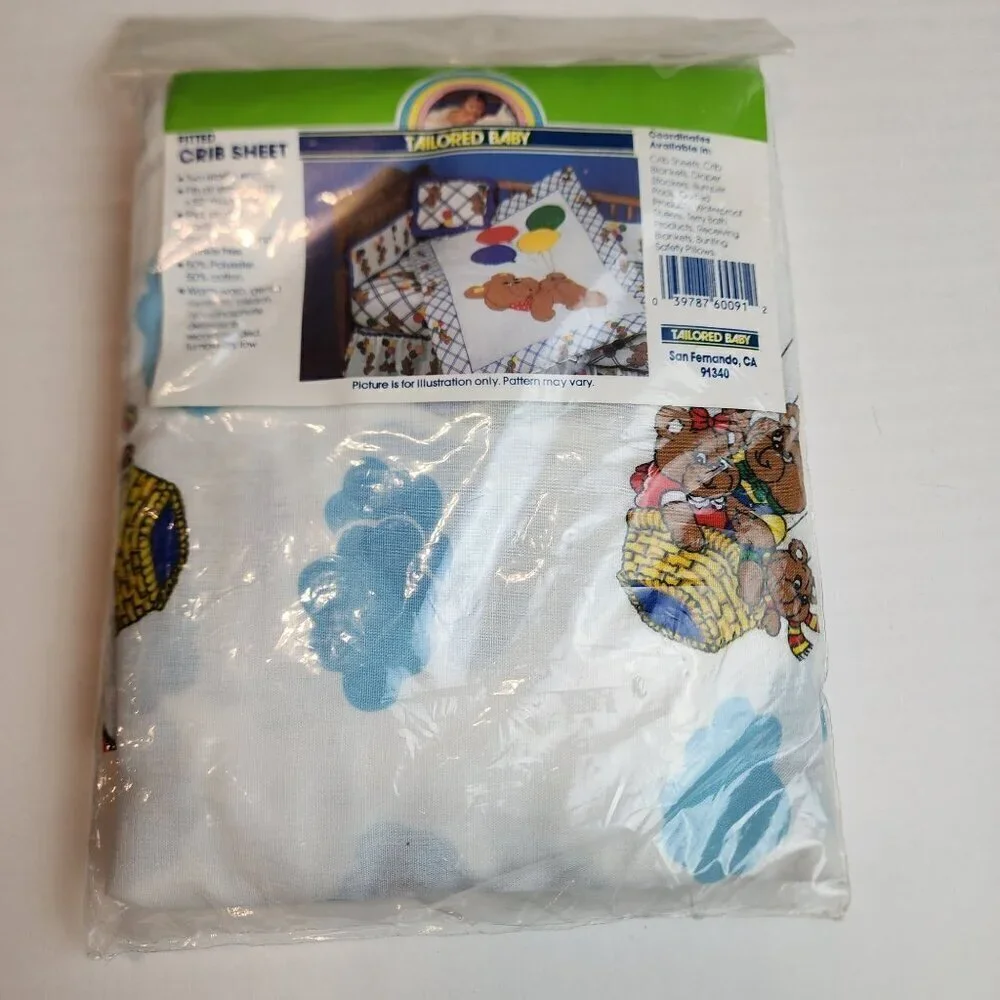 Vtg fitted crib sheet white fabric Bear in Hot Air Balloon by Tailored Baby prop